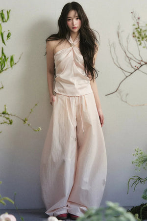Knotted Halter Top and Satin Wide-Leg Pants Set-Up