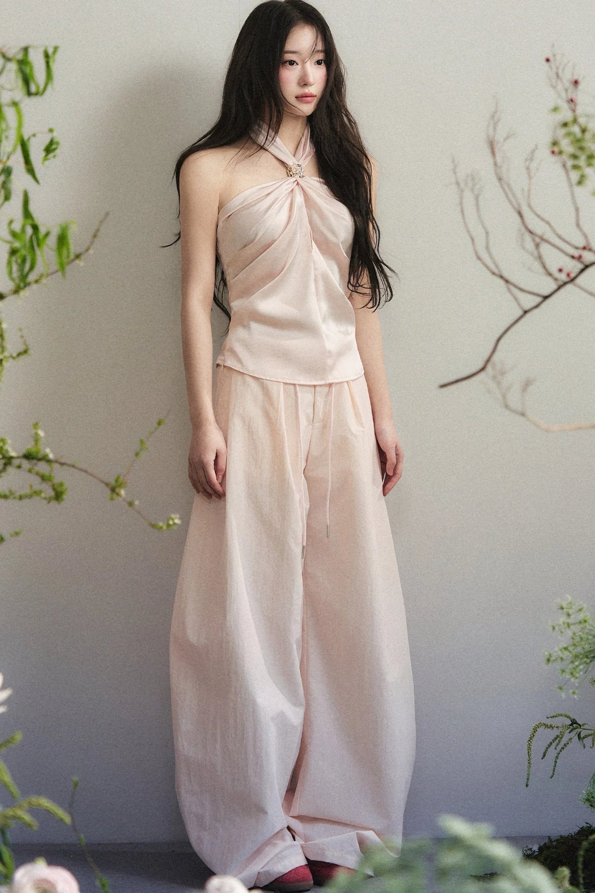Knotted Halter Top and Satin Wide-Leg Pants Set-Up