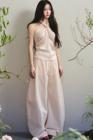 Knotted Halter Top and Satin Wide-Leg Pants Set-Up