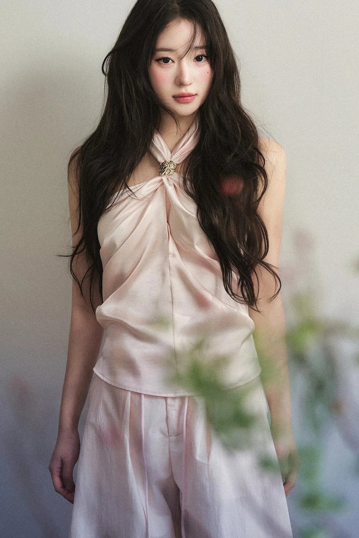 Knotted Halter Top and Satin Wide-Leg Pants Set-Up