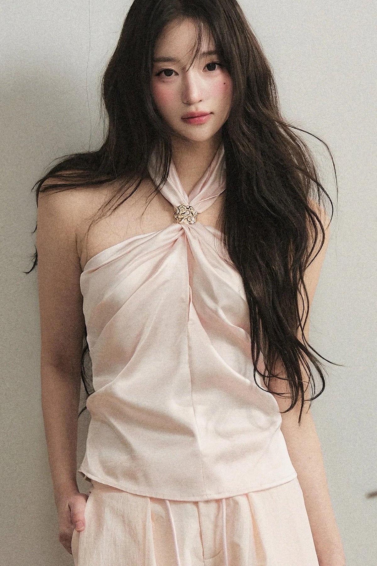 Knotted Halter Top and Satin Wide-Leg Pants Set-Up