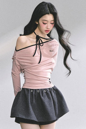 Korean Autumn Gray Halterneck Top