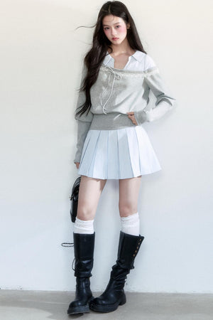 Korean Patchwork Striped Pleated Skirt Set-Up