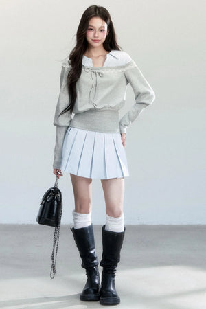 Korean Patchwork Striped Pleated Skirt Set-Up