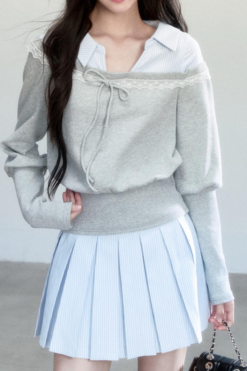 Korean Patchwork Striped Pleated Skirt Set-Up