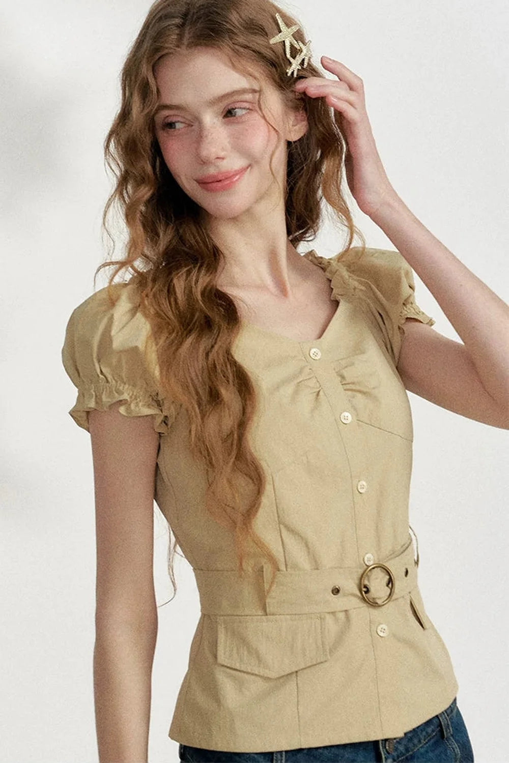 Korean Petite Khaki Blouse