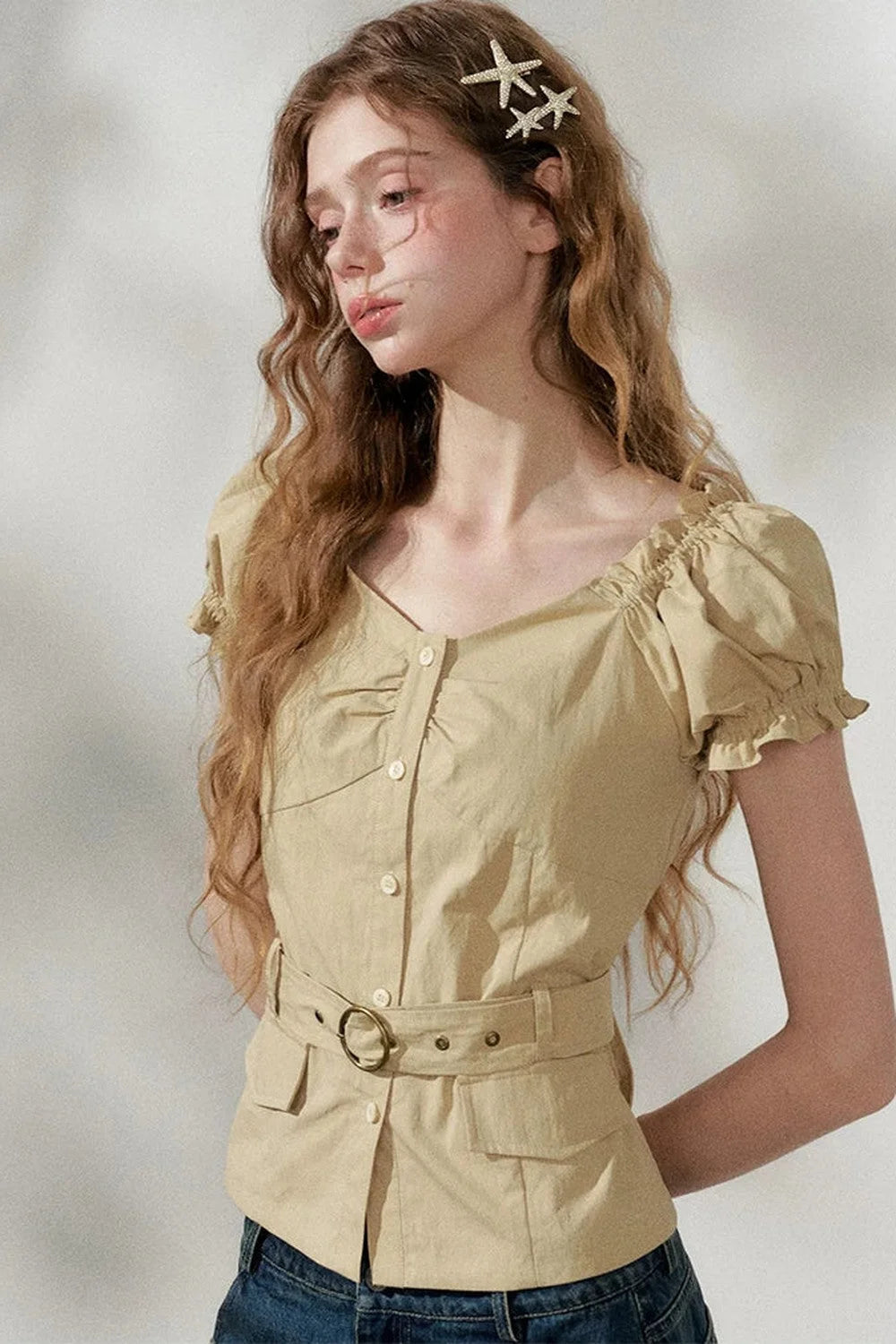Korean Petite Khaki Blouse