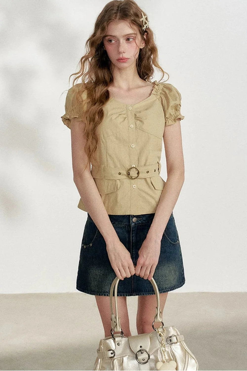 Korean Petite Khaki Blouse