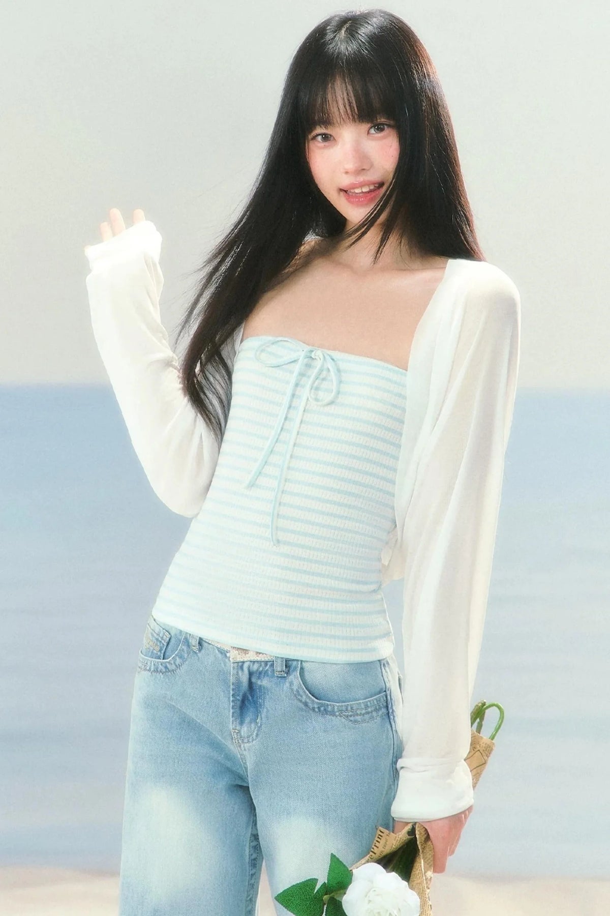 Korean Striped Cardigan Top Set
