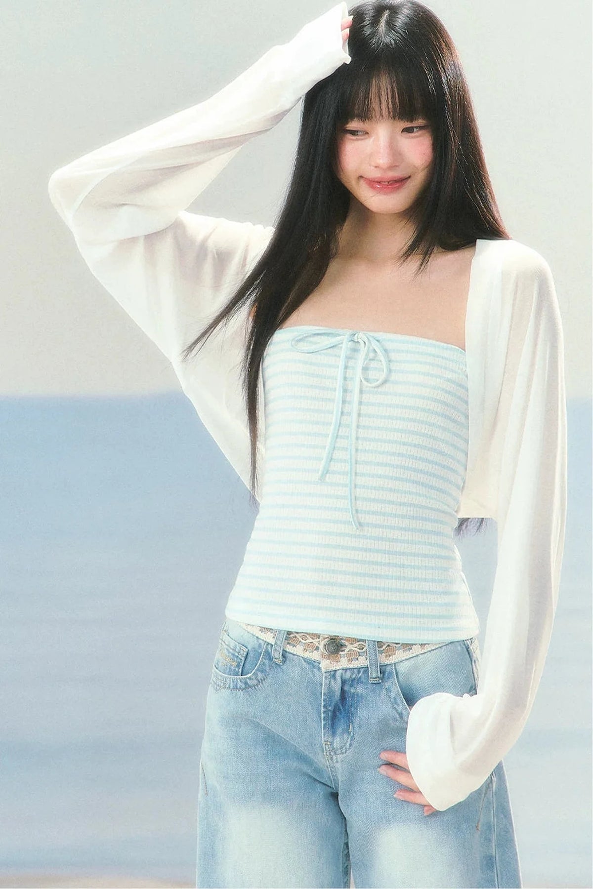 Korean Striped Cardigan Top Set
