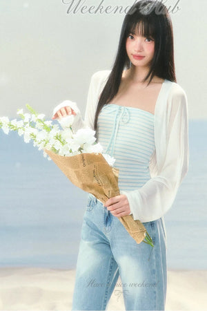Korean Striped Cardigan Top Set