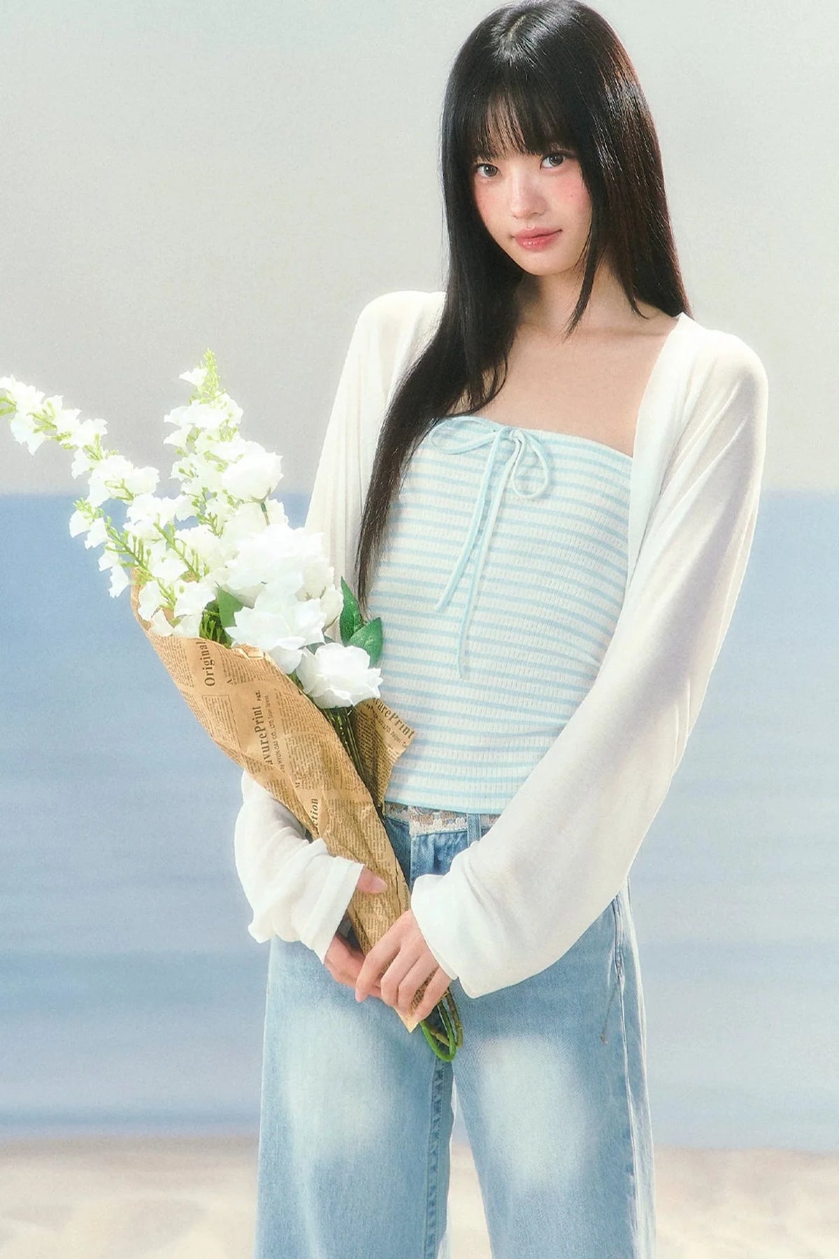 Korean Striped Cardigan Top Set