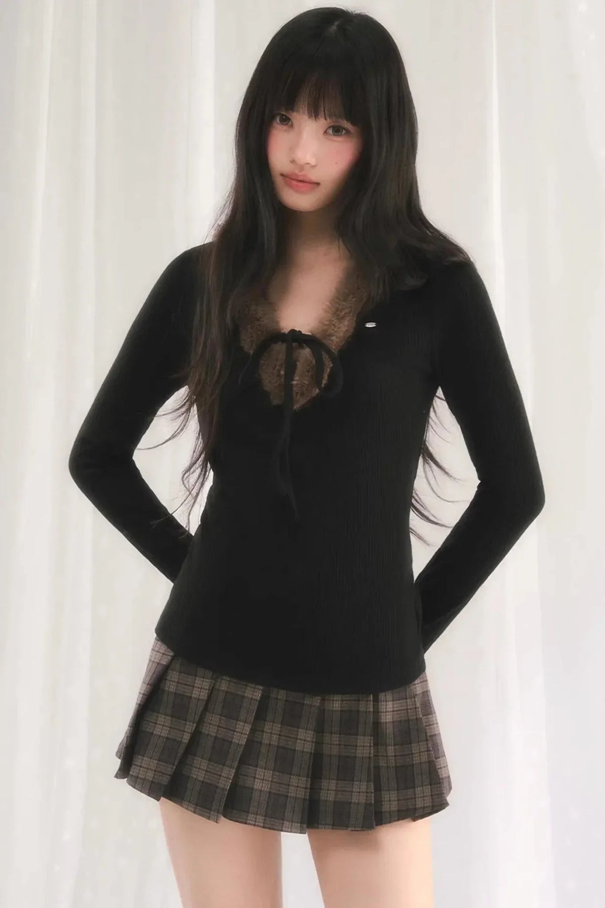 Korean-Style Furry V-Neck Top