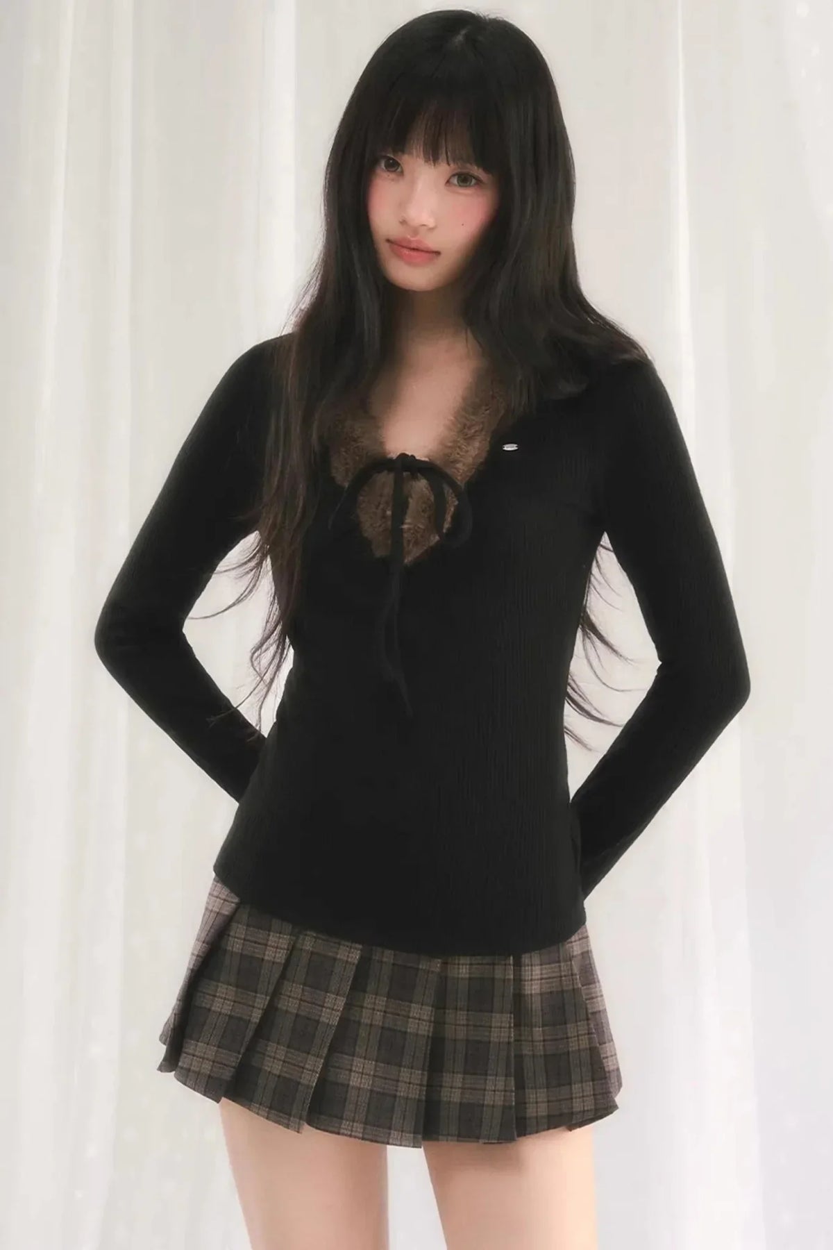 Korean-Style Furry V-Neck Top