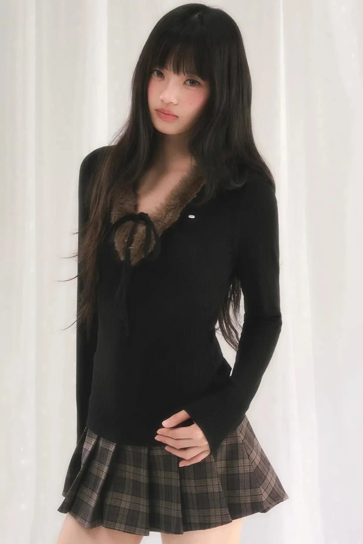 Korean-Style Furry V-Neck Top