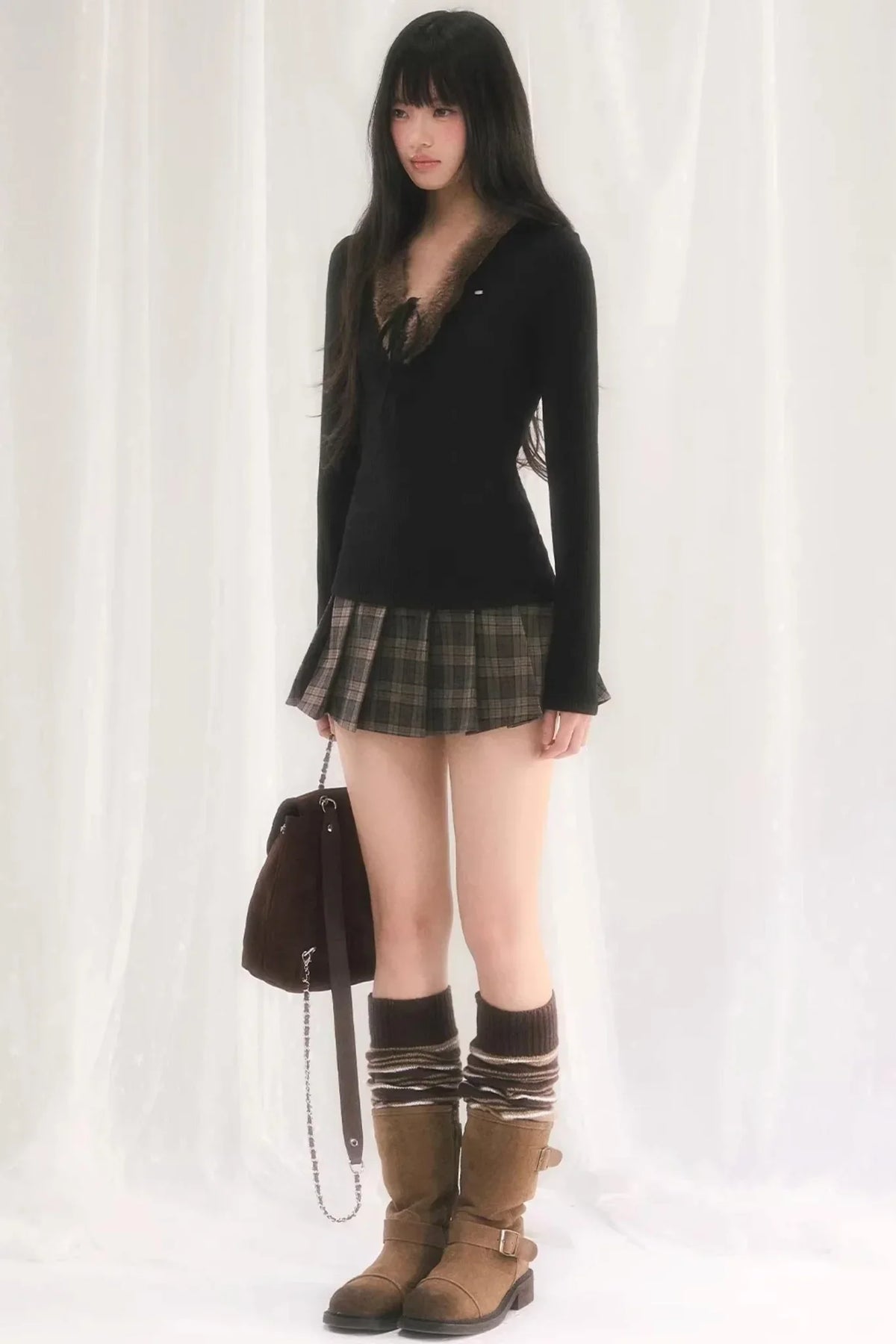 Korean-Style Furry V-Neck Top