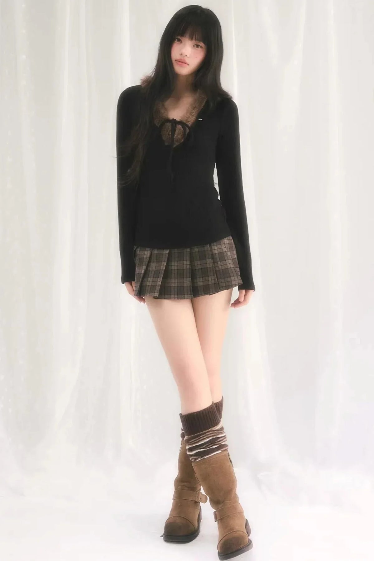 Korean-Style Furry V-Neck Top