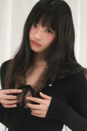 Korean-Style Furry V-Neck Top