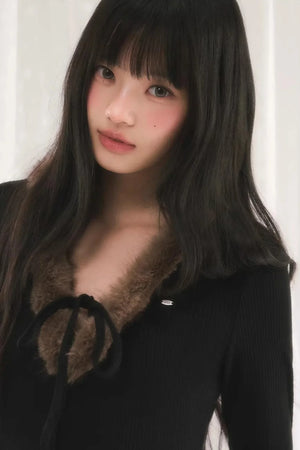Korean-Style Furry V-Neck Top