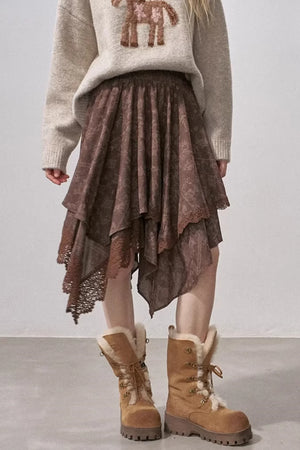A brown lace asymmetrical layered skirt.