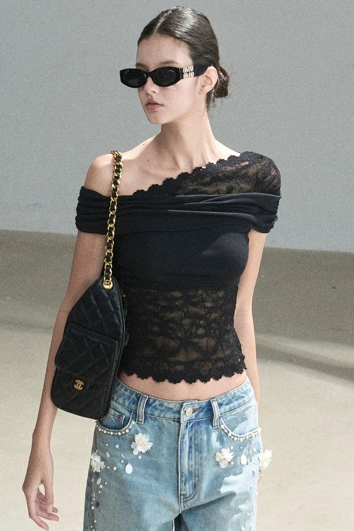Lace Asymmetrical Shoulder Top