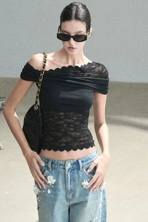 Lace Asymmetrical Shoulder Top