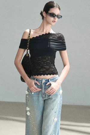 Lace Asymmetrical Shoulder Top
