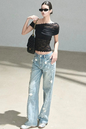 Lace Asymmetrical Shoulder Top