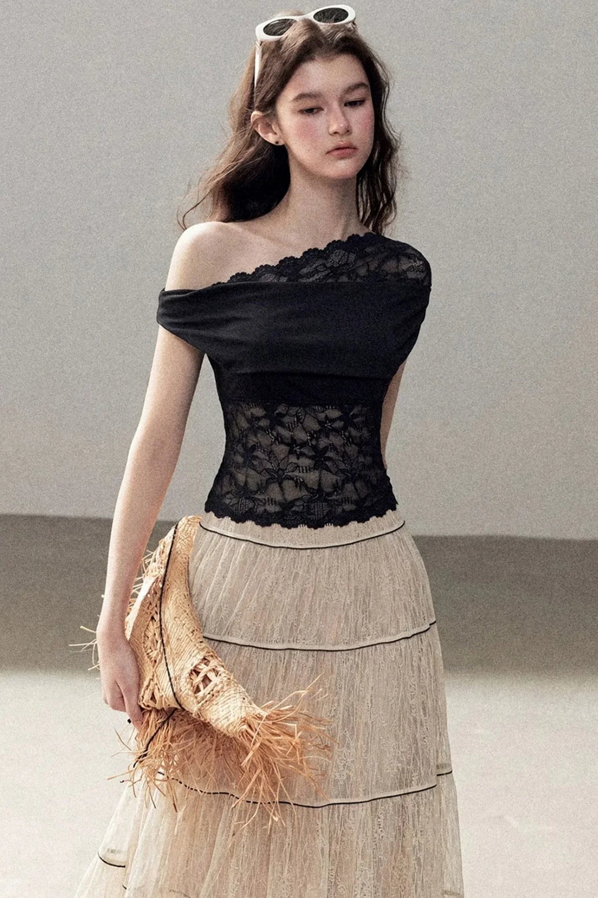 Lace Asymmetrical Shoulder Top