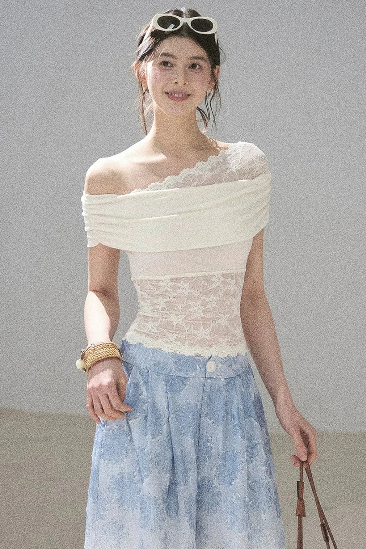 Lace Asymmetrical Shoulder Top