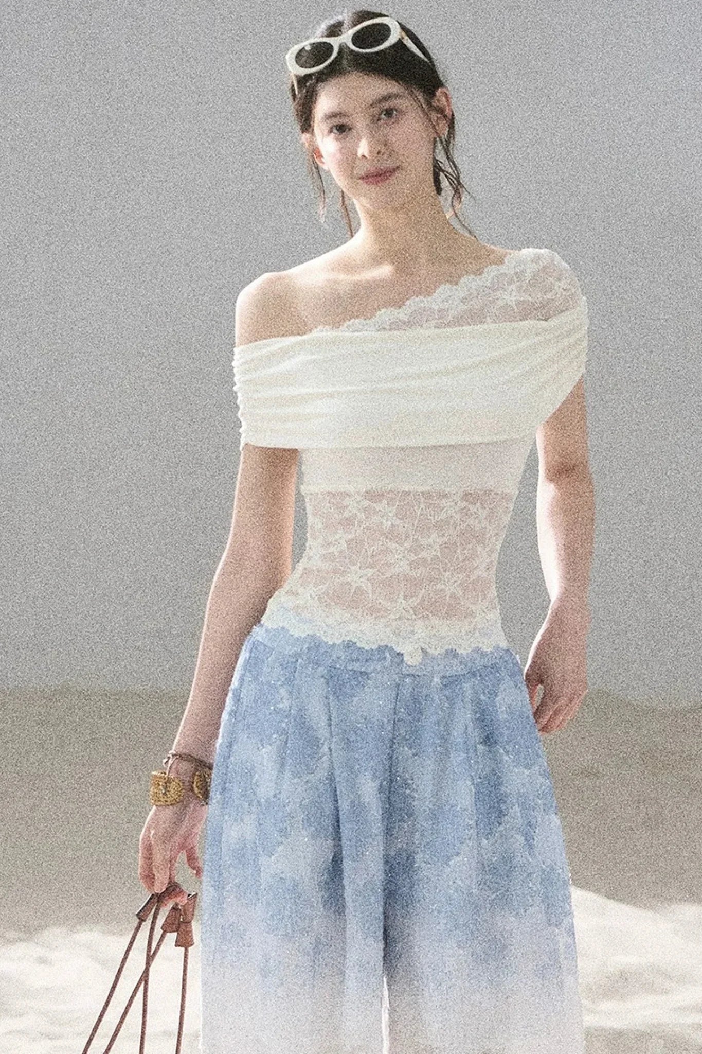 Lace Asymmetrical Shoulder Top
