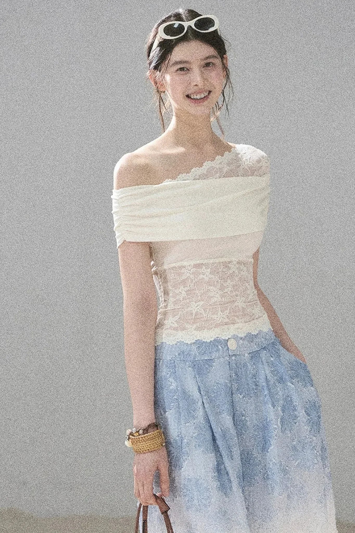 Lace Asymmetrical Shoulder Top