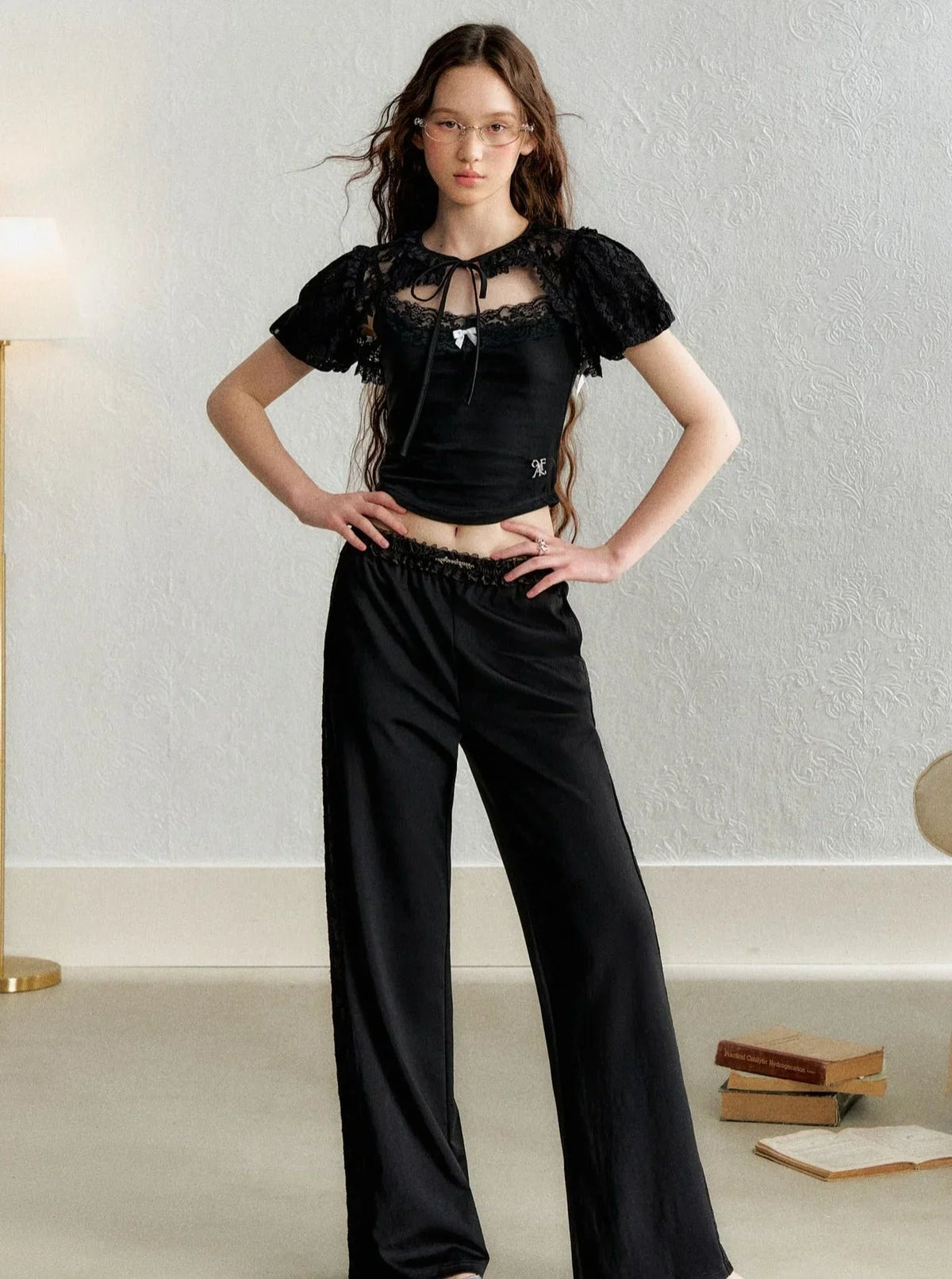 Lace Blouse French Retro Bud Sleeve Set