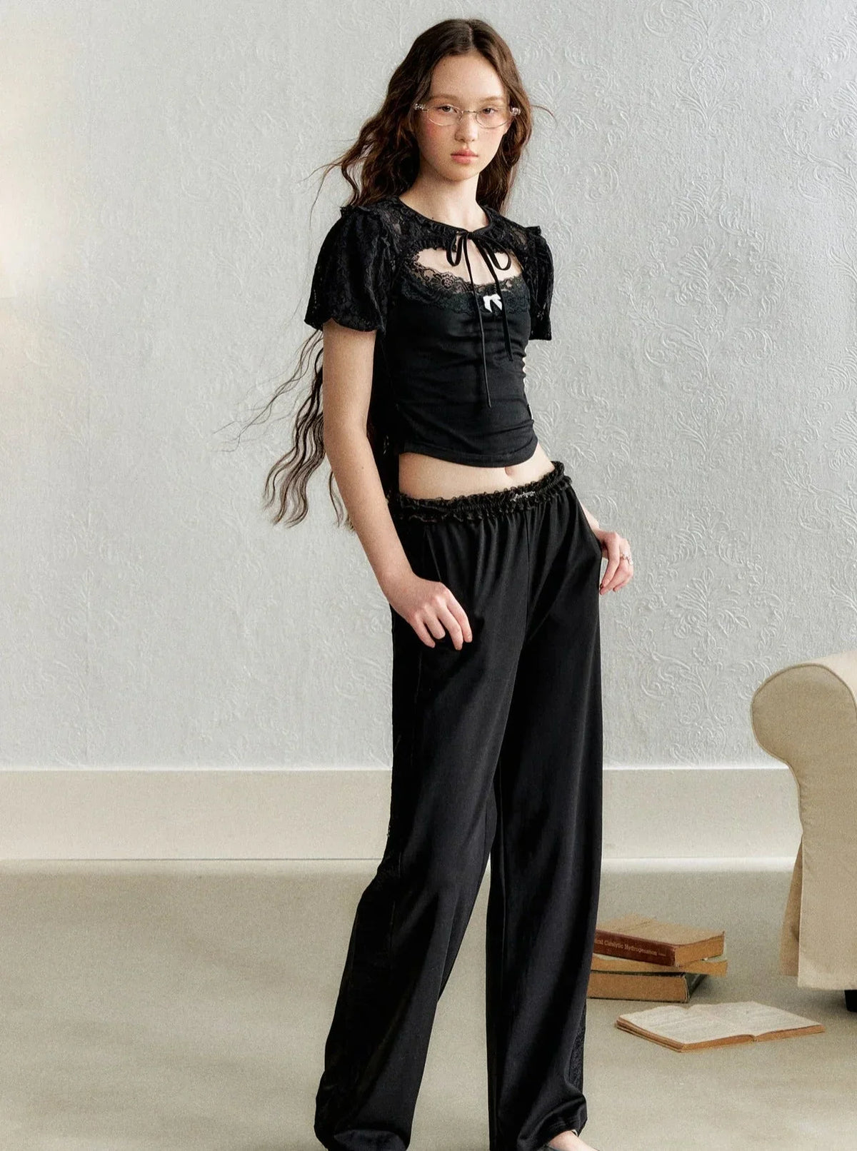 Lace Blouse French Retro Bud Sleeve Set