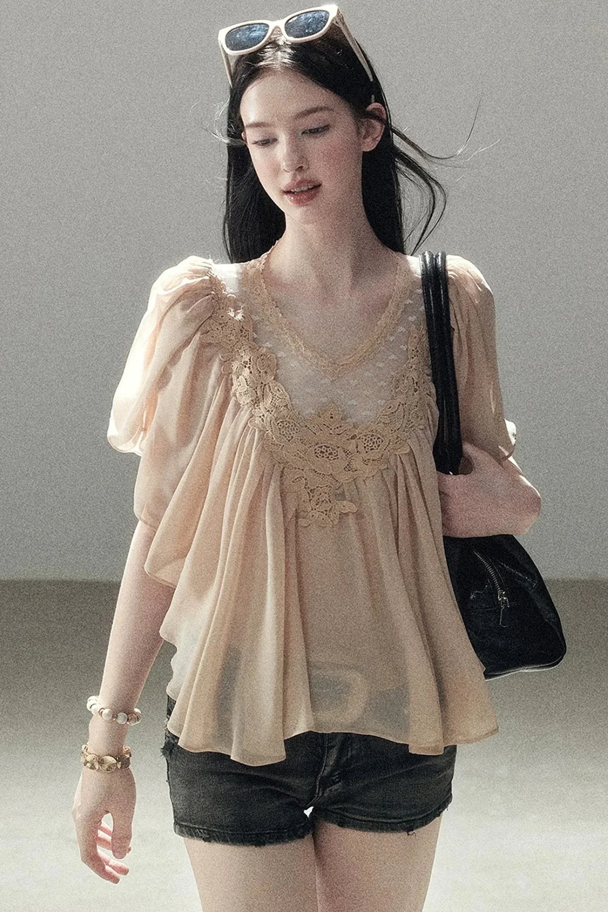 Lace Chiffon Ruffle Top