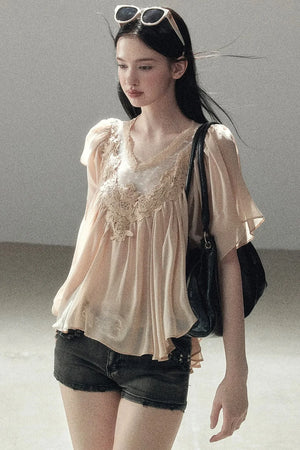Lace Chiffon Ruffle Top