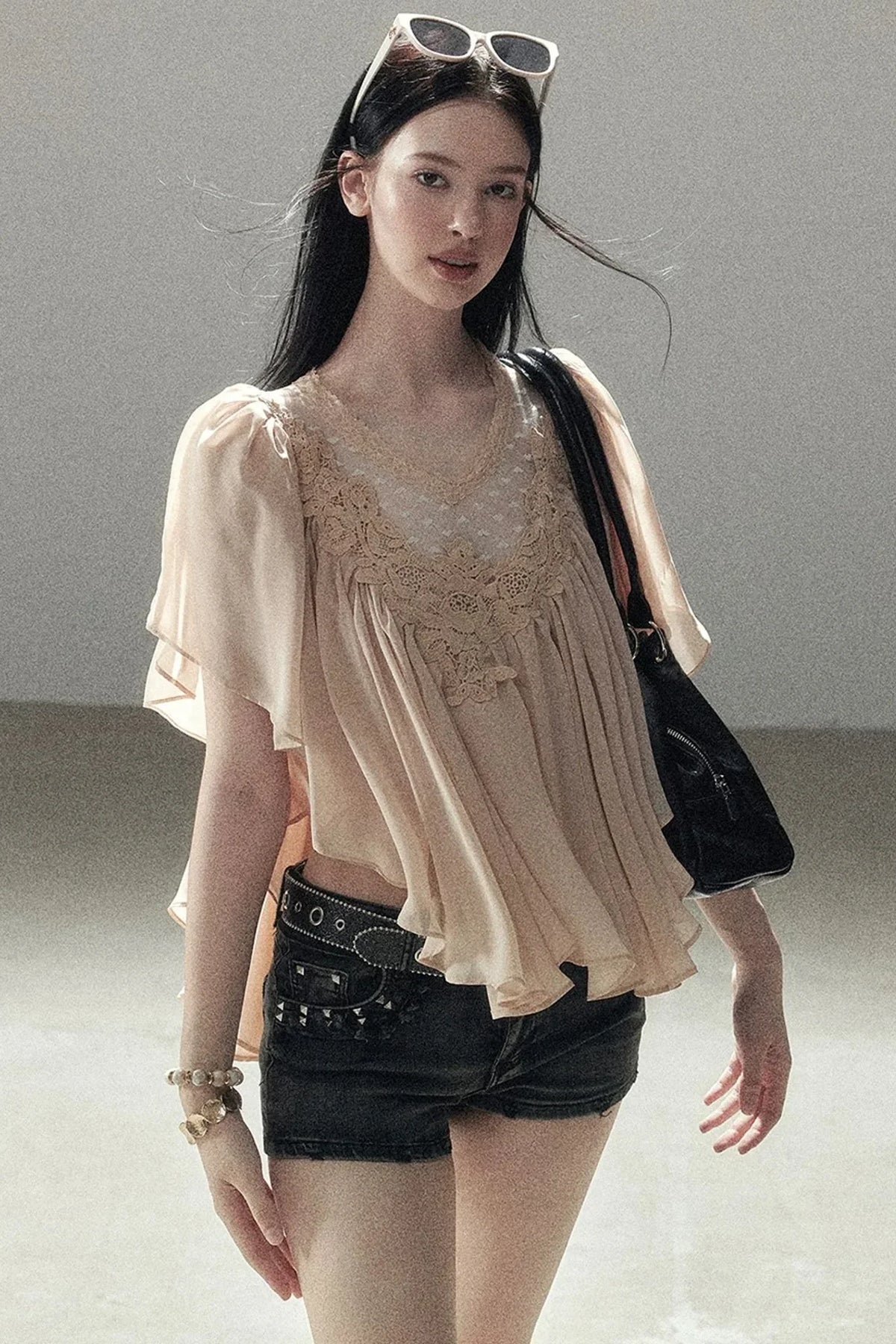 Lace Chiffon Ruffle Top