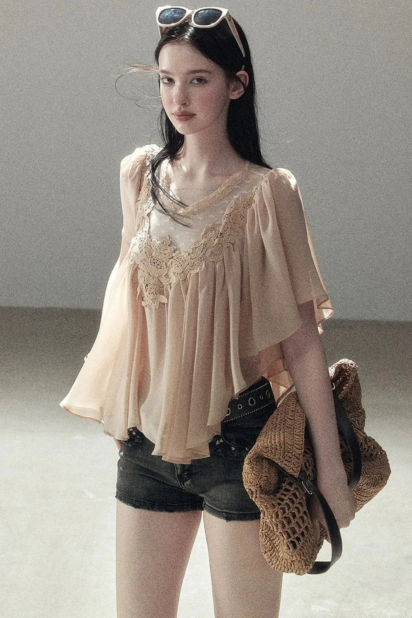 Lace Chiffon Ruffle Top
