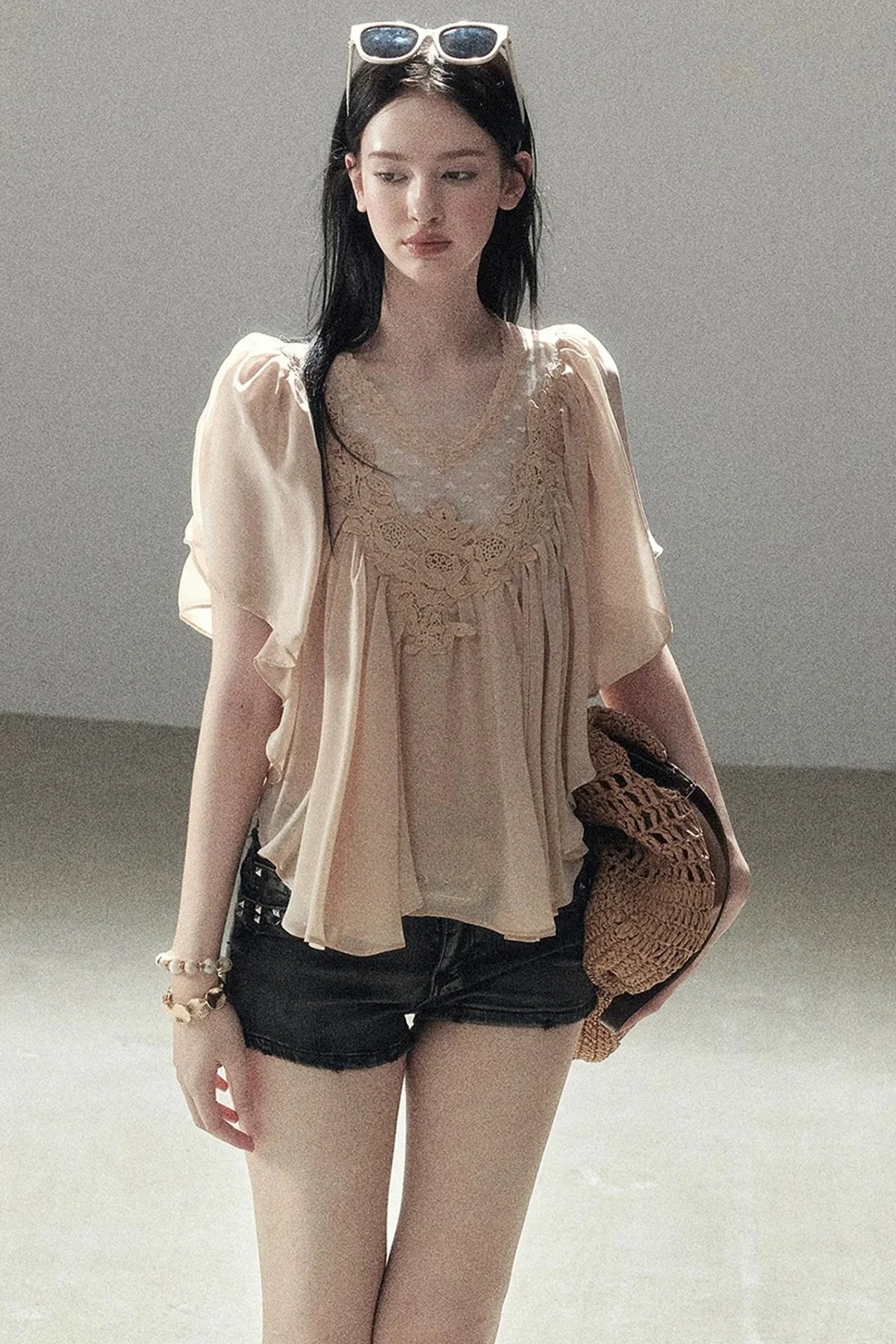 Lace Chiffon Ruffle Top