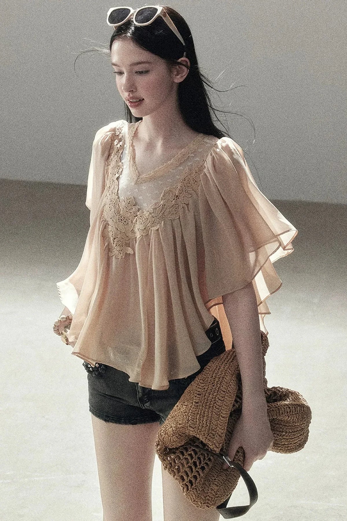 Lace Chiffon Ruffle Top