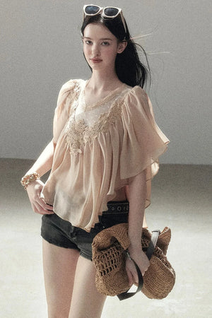 Lace Chiffon Ruffle Top