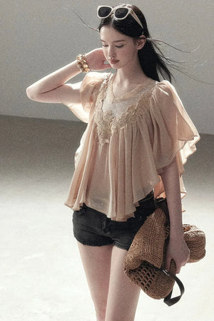 Lace Chiffon Ruffle Top