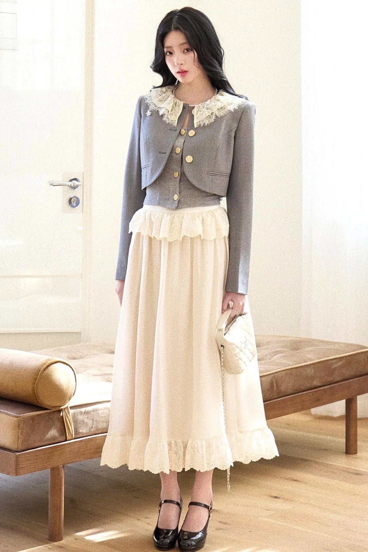 Lace Collar Gray Suit Set-Up