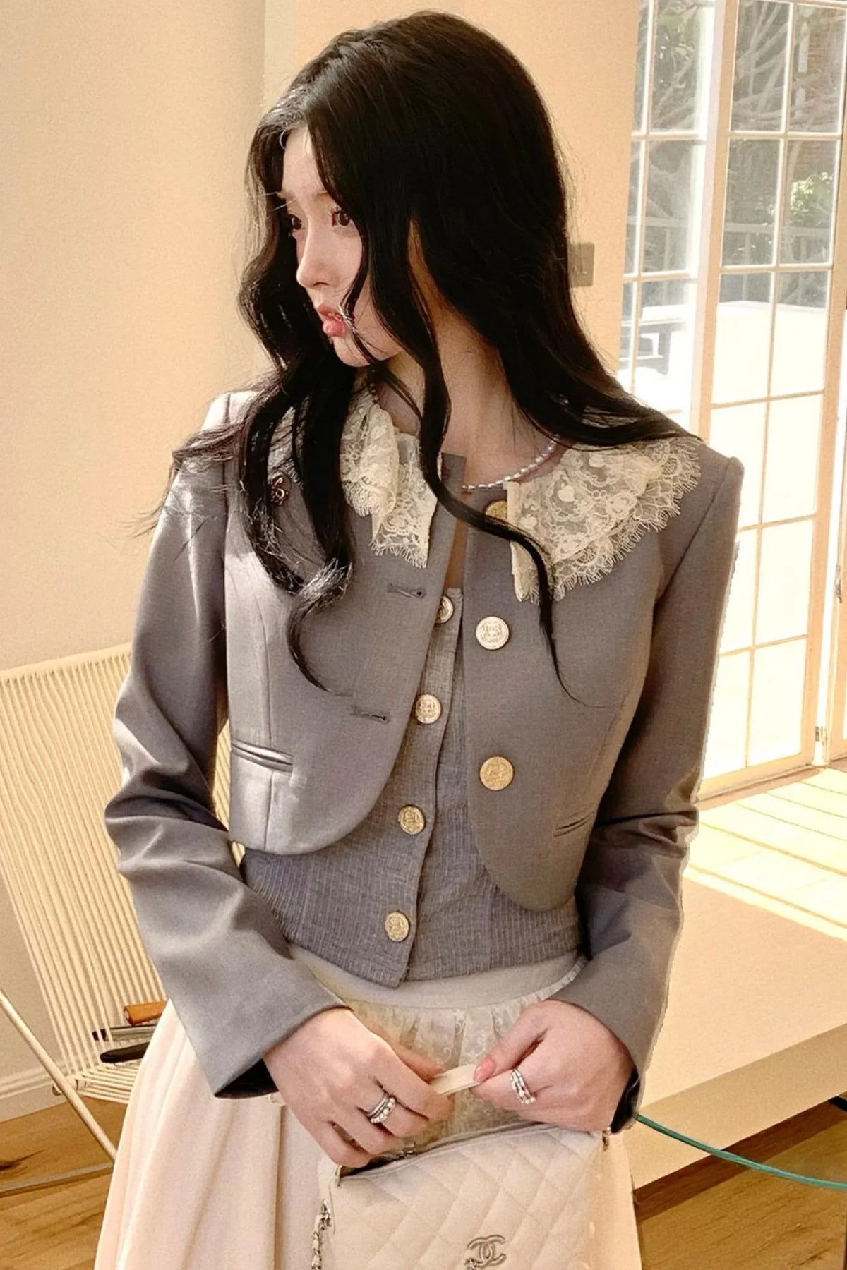 Lace Collar Gray Suit Set-Up