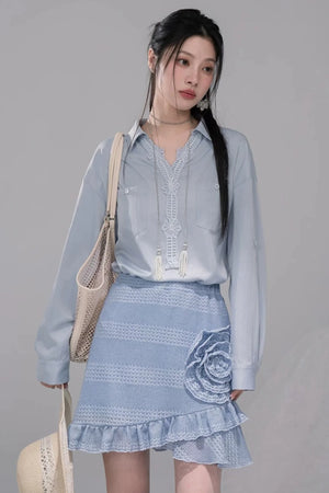 Lace Collar Mist Blue Blouse