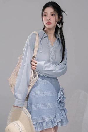 Lace Collar Mist Blue Blouse