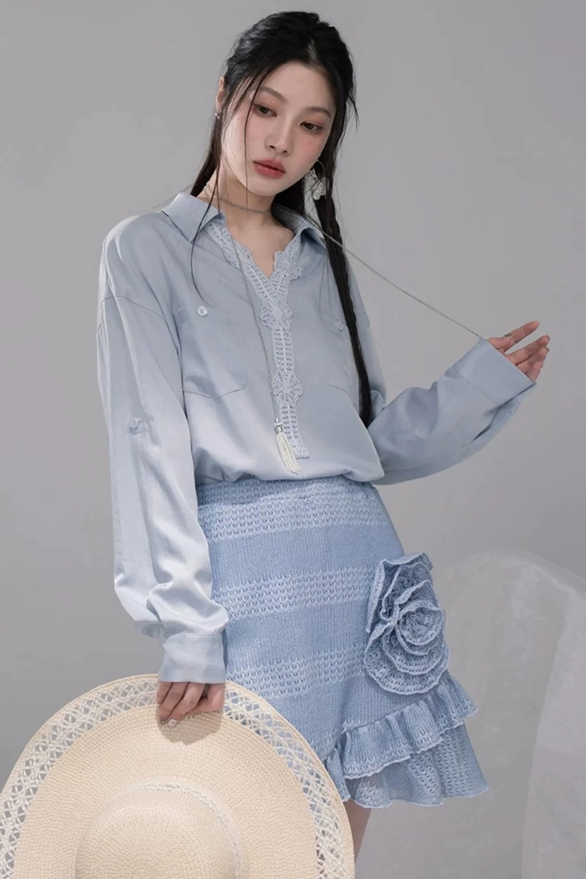 Lace Collar Mist Blue Blouse