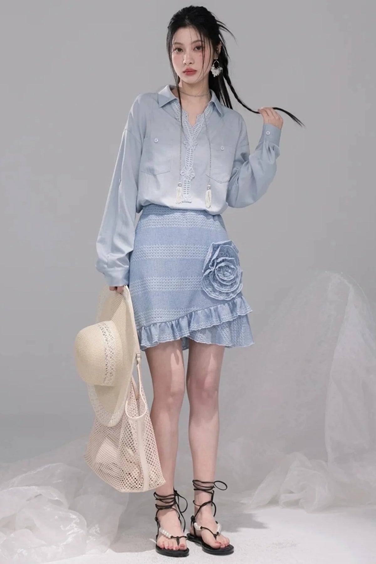 Lace Collar Mist Blue Blouse