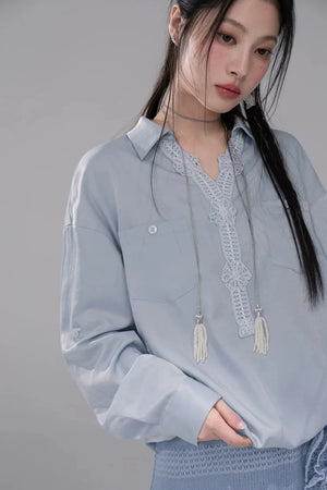 Lace Collar Mist Blue Blouse