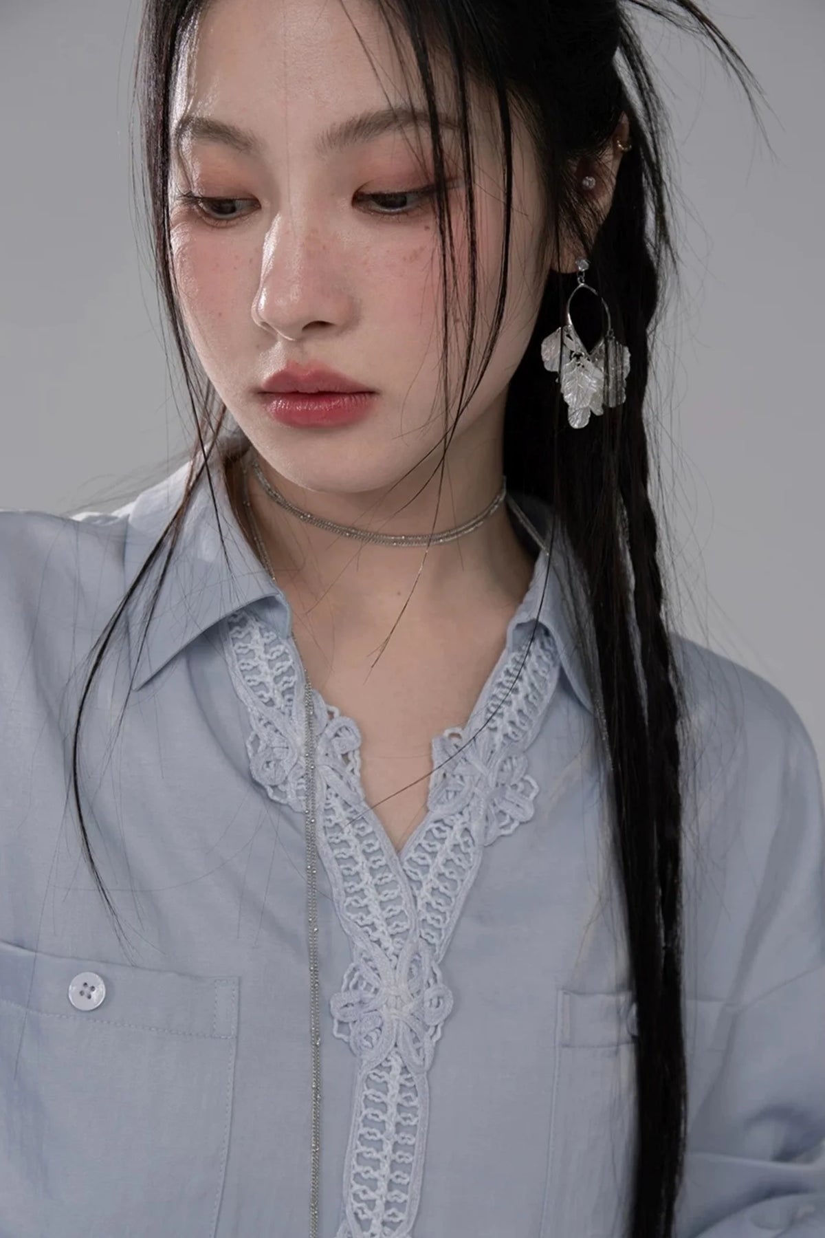 Lace Collar Mist Blue Blouse